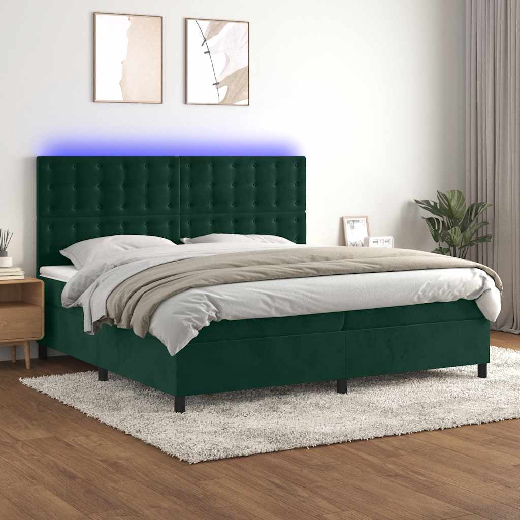 vidaXL Κρεβάτι Boxspring με Στρώμα & LED Σκ. Πράσινο 200x200εκ Βελούδο
