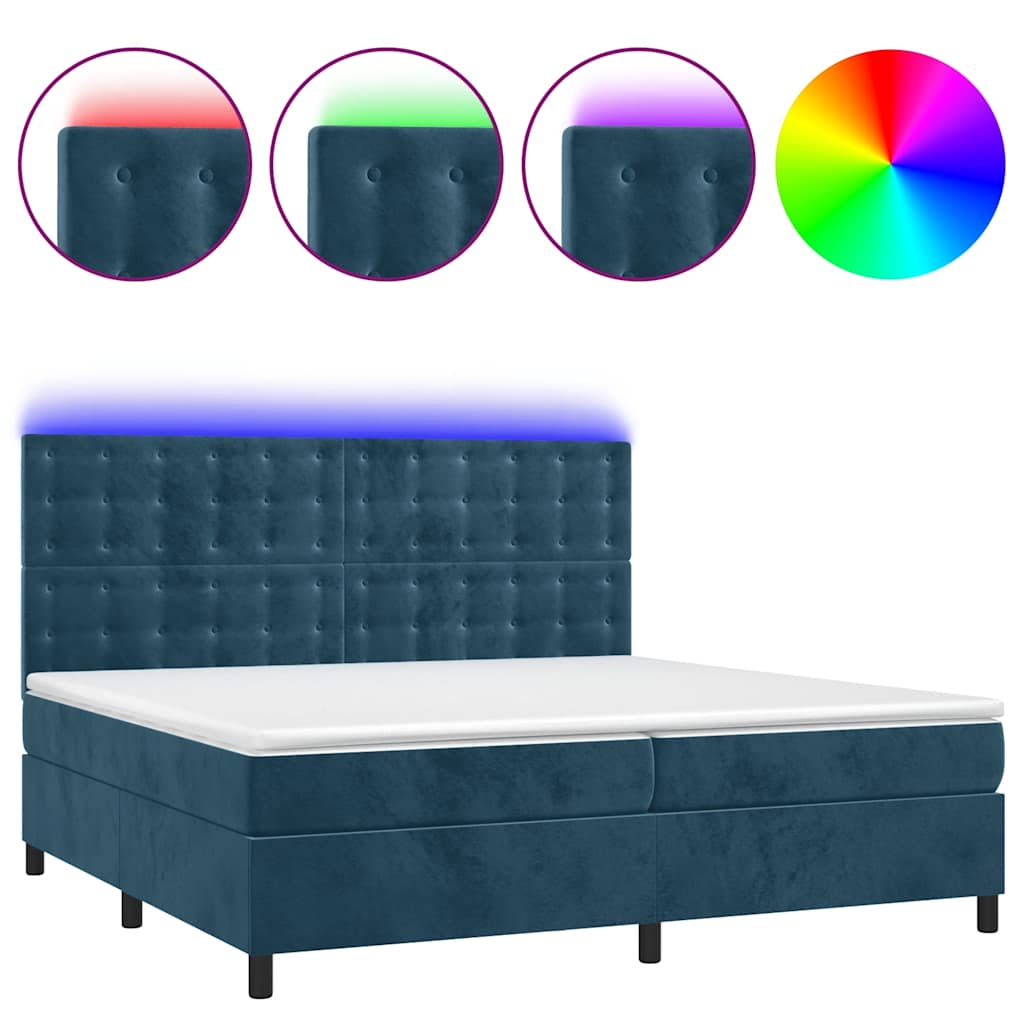 vidaXL Κρεβάτι Boxspring με Στρώμα & LED Σκ. Μπλε 200x200εκ. Βελούδινο