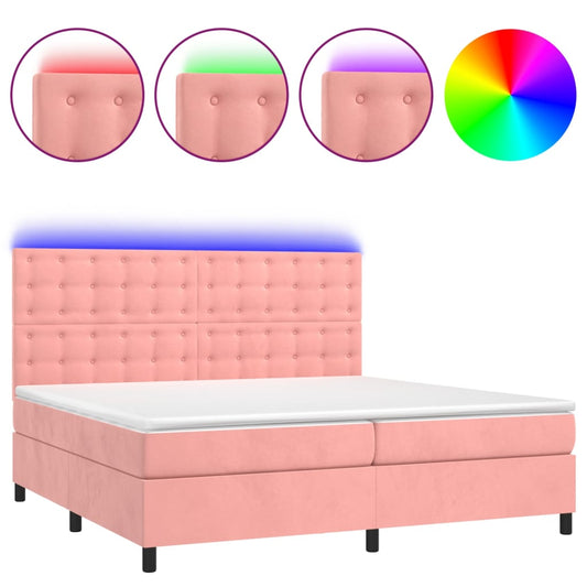 vidaXL Κρεβάτι Boxspring με Στρώμα & LED Ροζ 200x200 εκ. Βελούδινο