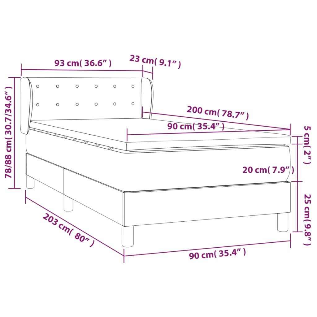 vidaXL Κρεβάτι Boxspring με Στρώμα Γκρι 90x200 εκ. από Συνθετικό Δέρμα