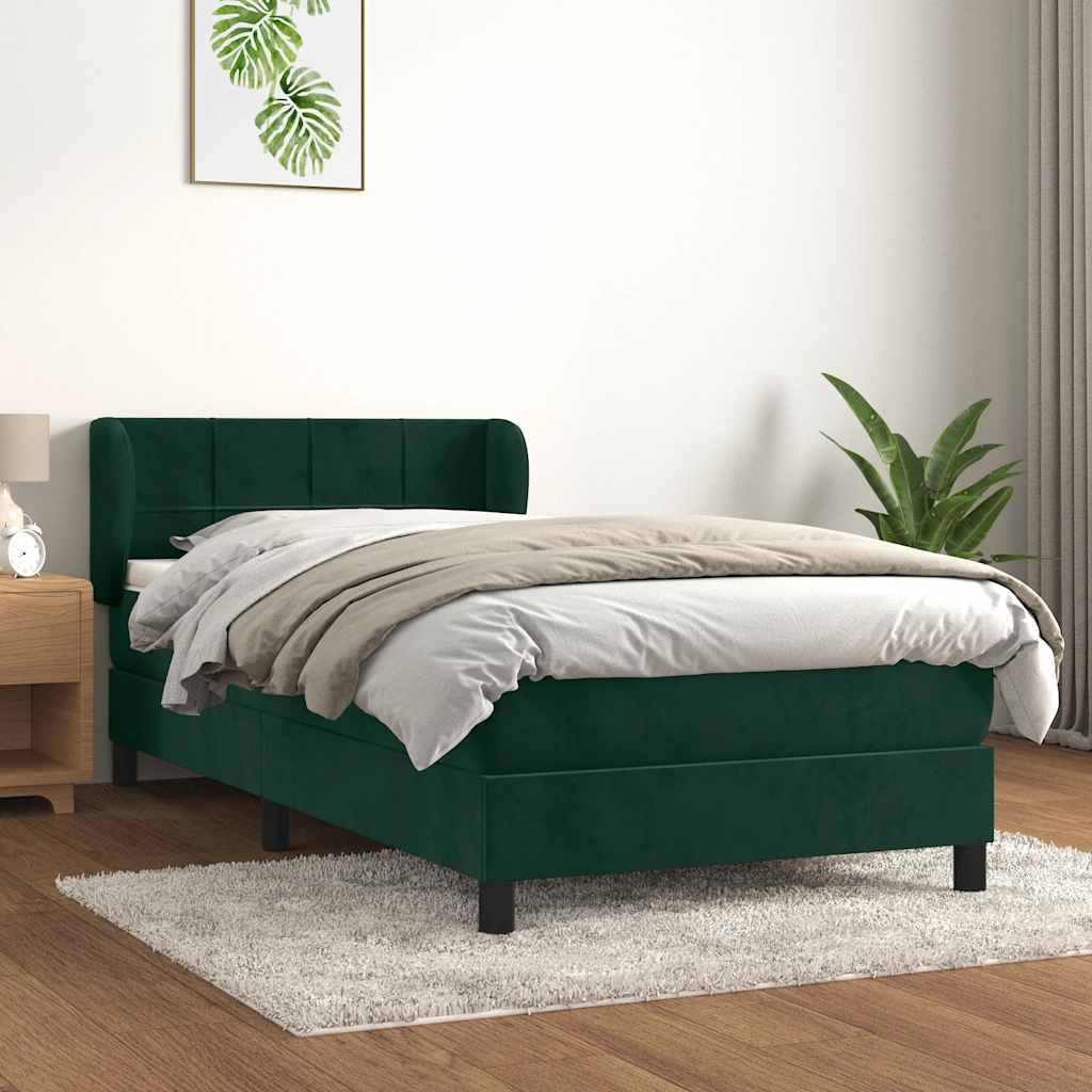 vidaXL Κρεβάτι Boxspring με Στρώμα Σκούρο Πράσινο 90x200 εκ. Βελούδινο