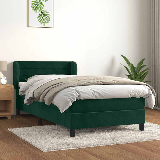 vidaXL Κρεβάτι Boxspring με Στρώμα Σκούρο Πράσινο 90x190 εκ. Βελούδινο