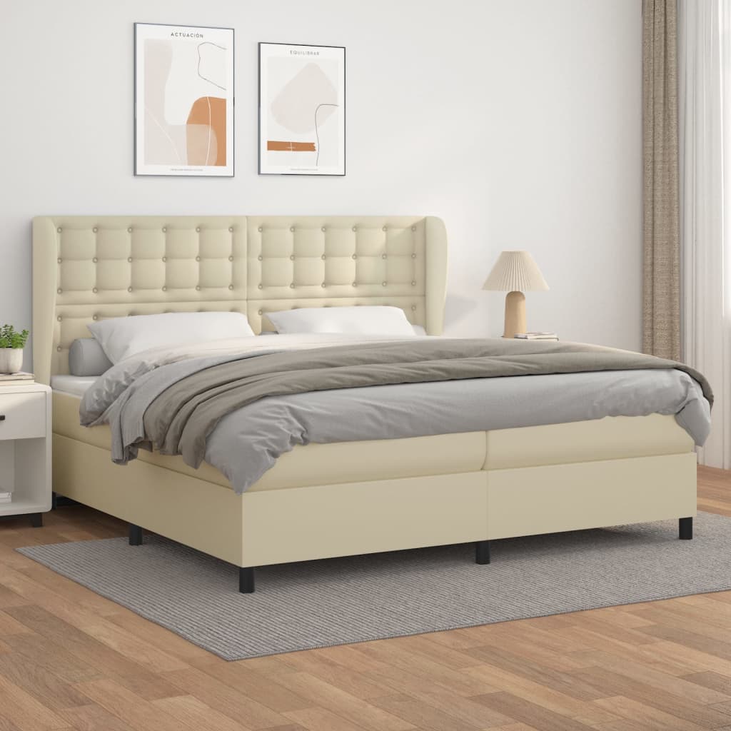 vidaXL Κρεβάτι Boxspring με Στρώμα Κρεμ 200x200 εκ. Συνθετικό Δέρμα