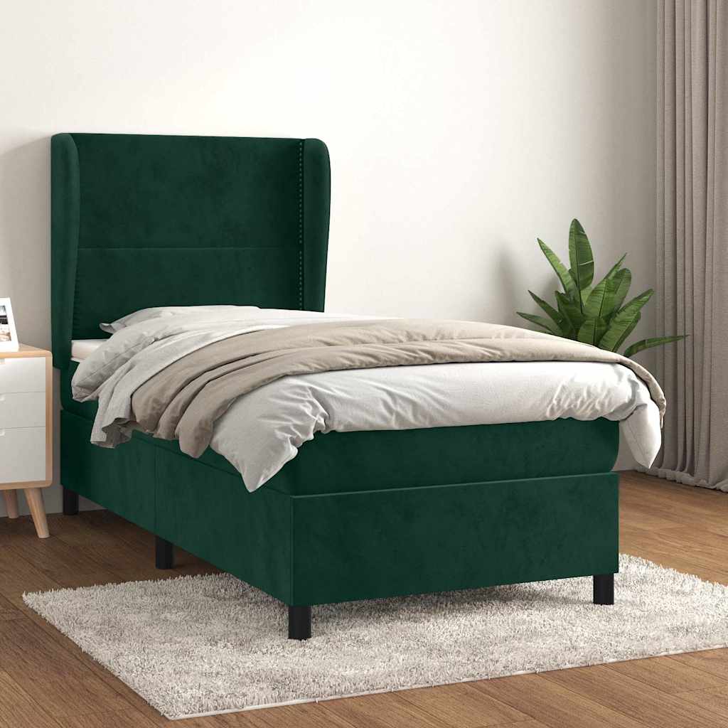 vidaXL Κρεβάτι Boxspring με Στρώμα Σκούρο Πράσινο 90x190 εκ. Βελούδινο