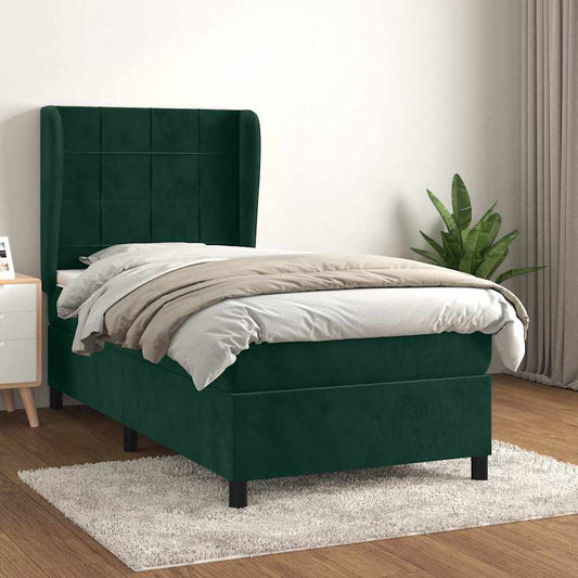 vidaXL Κρεβάτι Boxspring με Στρώμα Σκούρο Πράσινο 90x190 εκ. Βελούδινο
