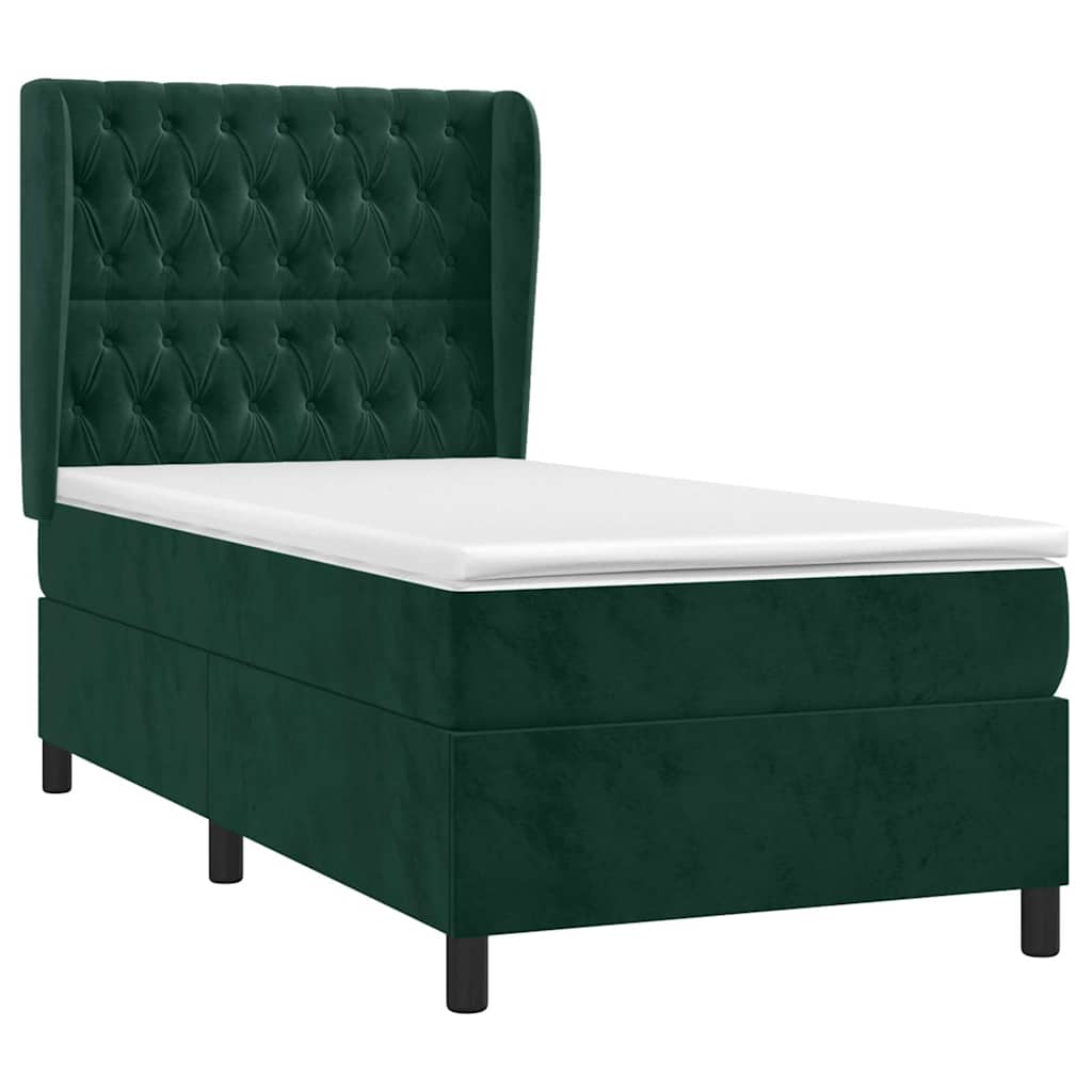 vidaXL Κρεβάτι Boxspring με Στρώμα Σκούρο Πράσινο 90x200 εκ. Βελούδινο