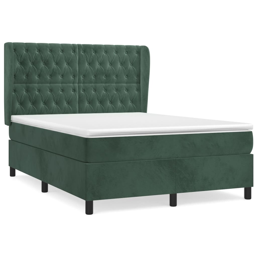 vidaXL Κρεβάτι Boxspring με Στρώμα Σκούρο Πράσινο 140x190εκ. Βελούδινο