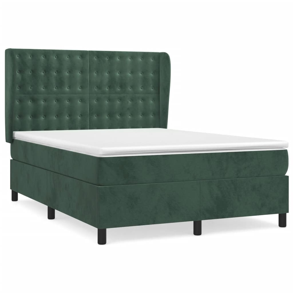 vidaXL Κρεβάτι Boxspring με Στρώμα Σκούρο Πράσινο 140x190εκ. Βελούδινο