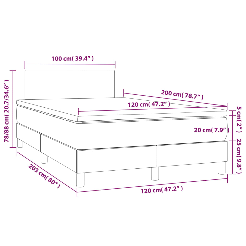 vidaXL Κρεβάτι Boxspring με Στρώμα Σκούρο Καφέ 120x200 εκ. Υφασμάτινο