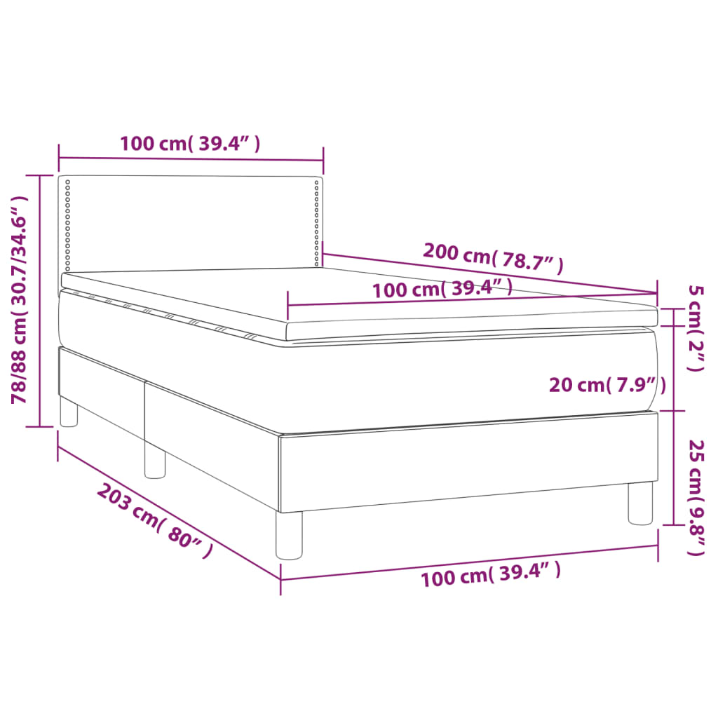 vidaXL Κρεβάτι Boxspring με Στρώμα Σκούρο Γκρι 100x200 εκ. Υφασμάτινο