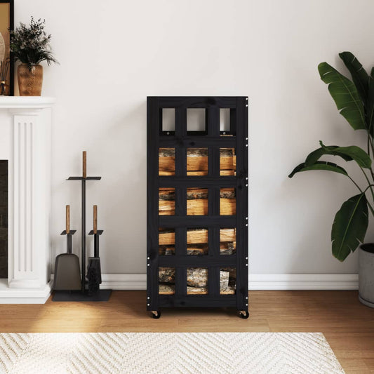 vidaXL Ξυλοθήκη με Τροχούς Μαύρη 40 x 49 x 110 εκ. Μασίφ Ξύλο Πεύκου