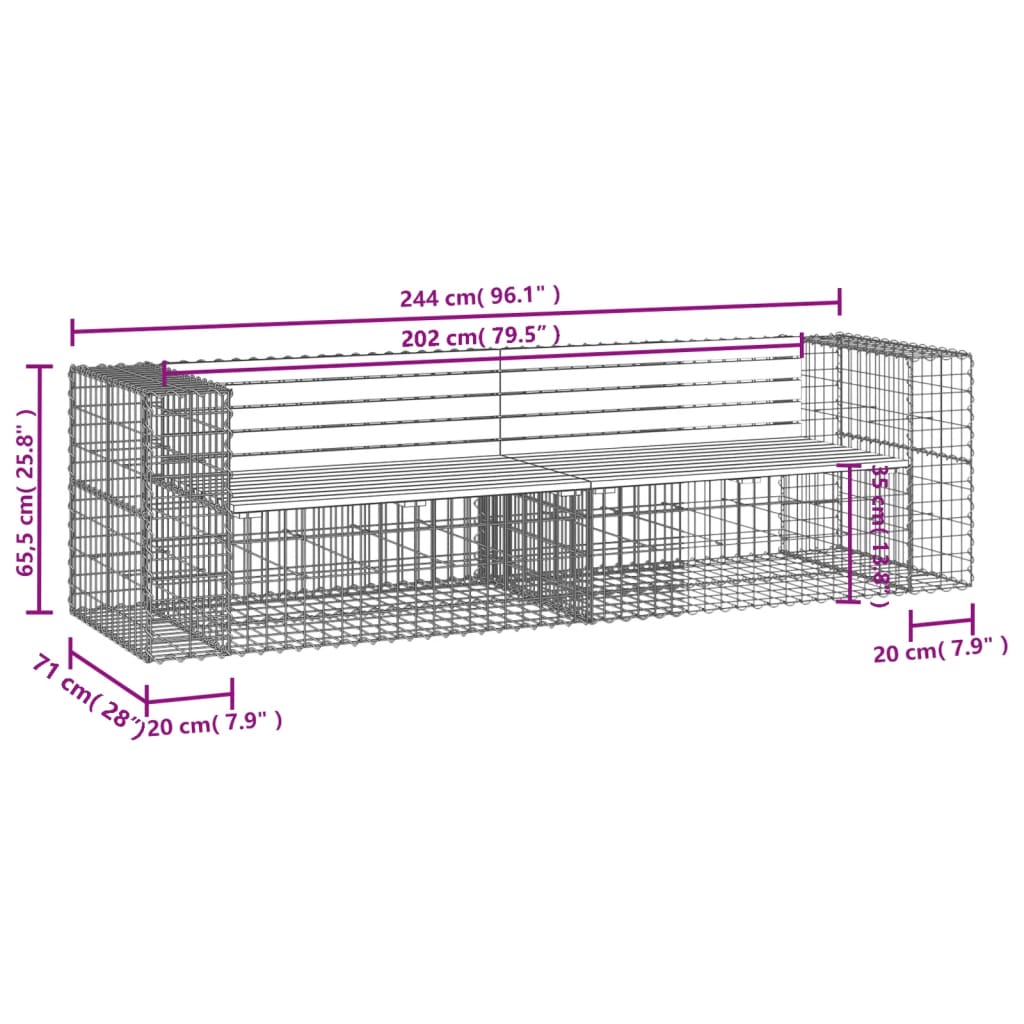 vidaXL Παγκάκι Κήπου Συρματοκιβώτιο 244x71x65,5εκ. Μασίφ Ξύλο Πεύκου