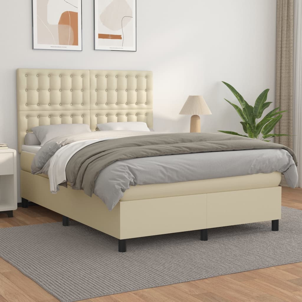 vidaXL Κρεβάτι Boxspring με Στρώμα Κρεμ 140x200εκ. από Συνθετικό Δέρμα