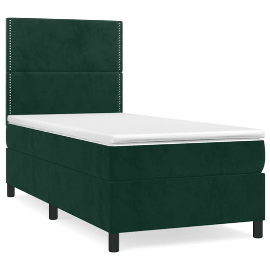 vidaXL Κρεβάτι Boxspring με Στρώμα Σκούρο Πράσινο 90x200 εκ. Βελούδινο