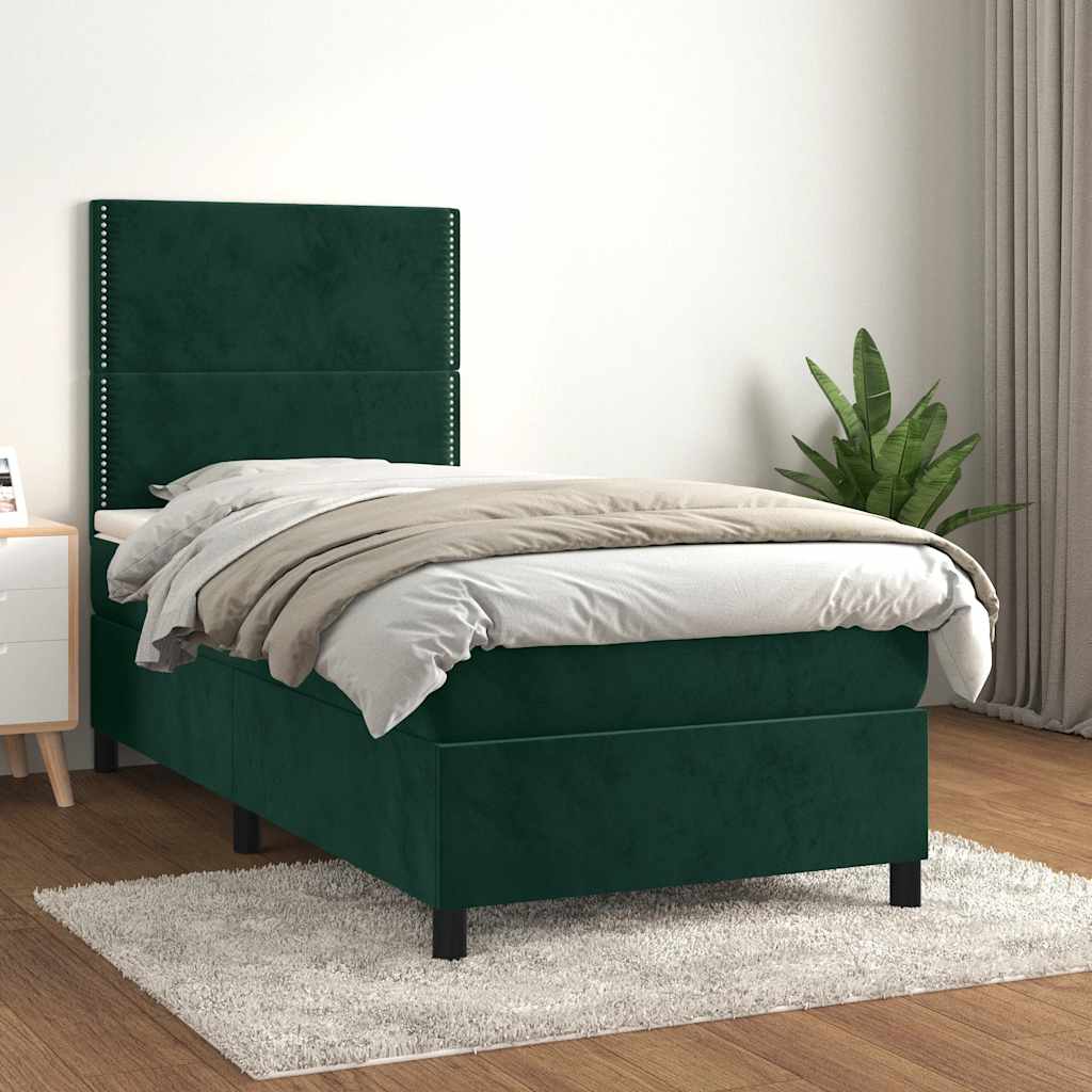 vidaXL Κρεβάτι Boxspring με Στρώμα Σκούρο Πράσινο 90x200 εκ. Βελούδινο