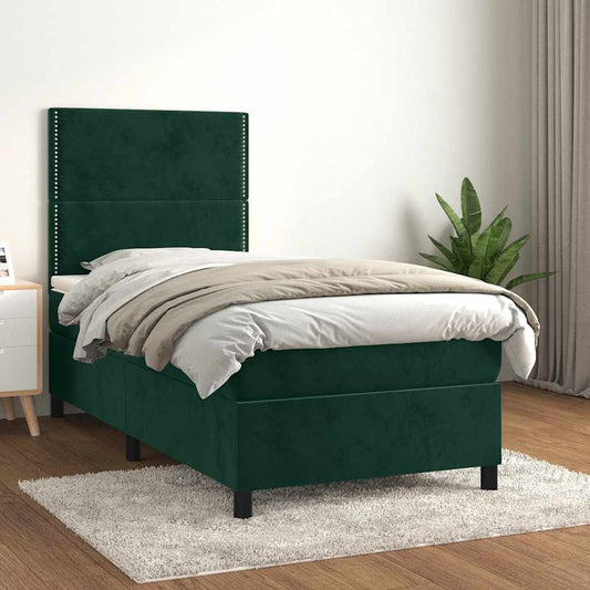 vidaXL Κρεβάτι Boxspring με Στρώμα Σκούρο Πράσινο 90x200 εκ. Βελούδινο