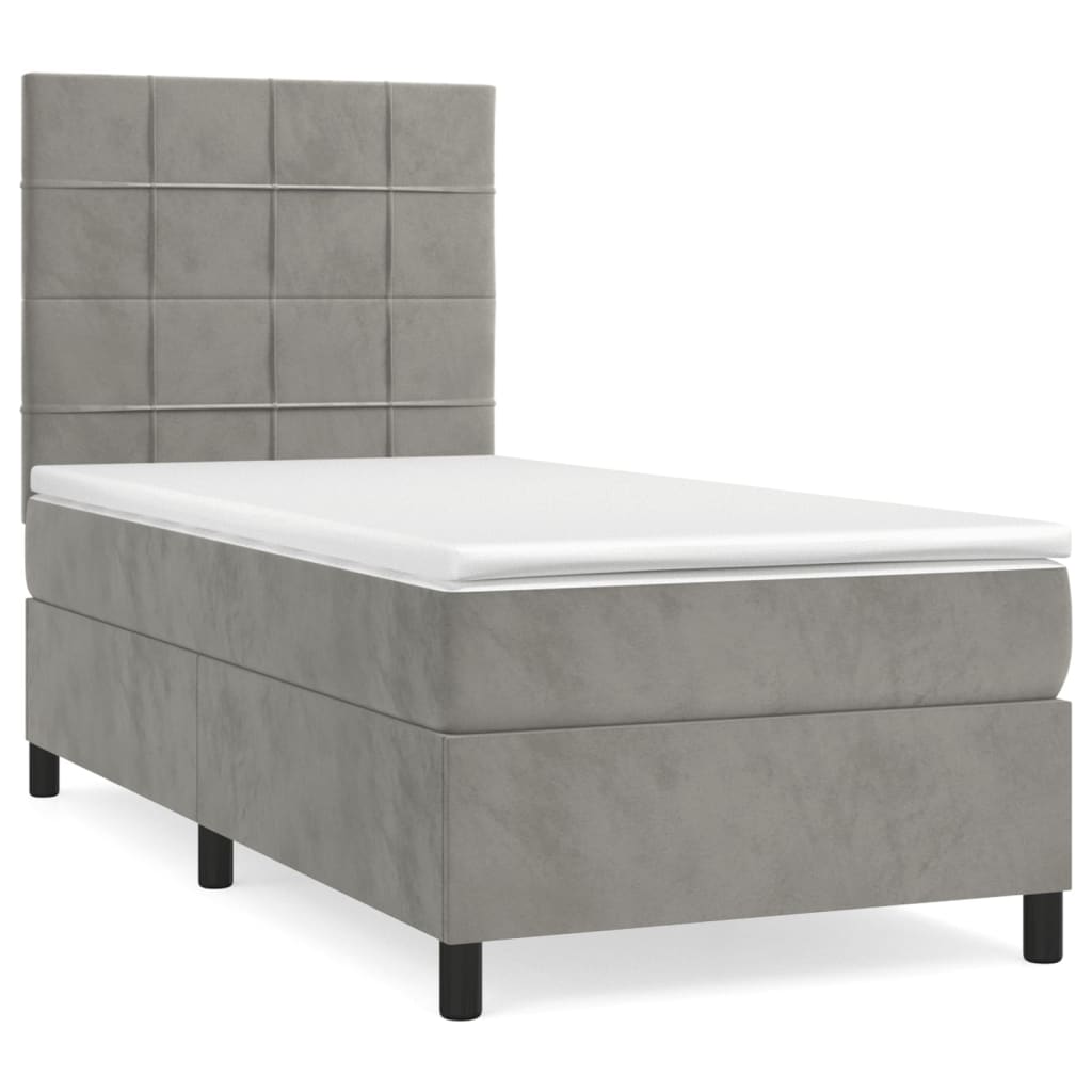 vidaXL Κρεβάτι Boxspring με Στρώμα Ανοιχτό Γκρι 90x190 εκ. Βελούδινο