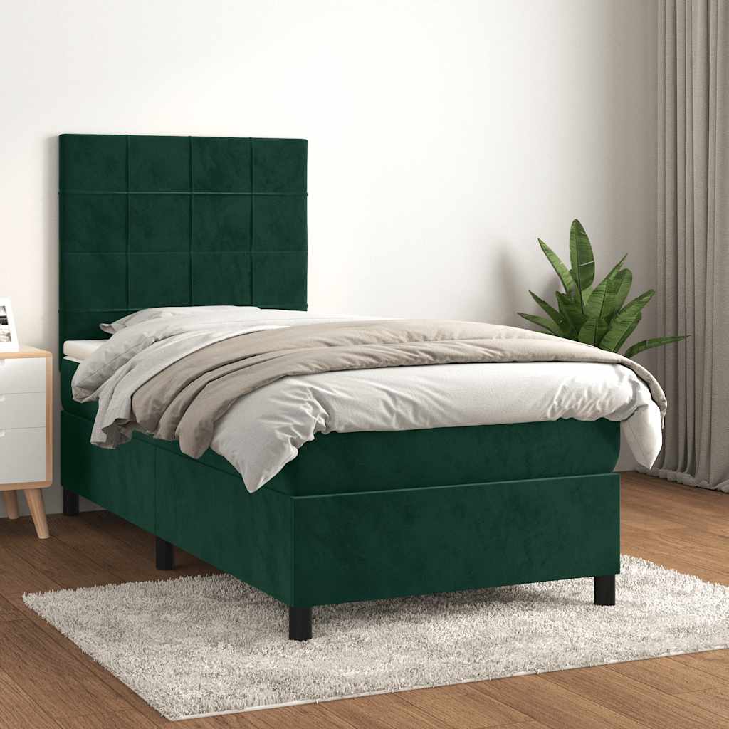vidaXL Κρεβάτι Boxspring με Στρώμα Σκούρο Πράσινο 90x190 εκ. Βελούδινο