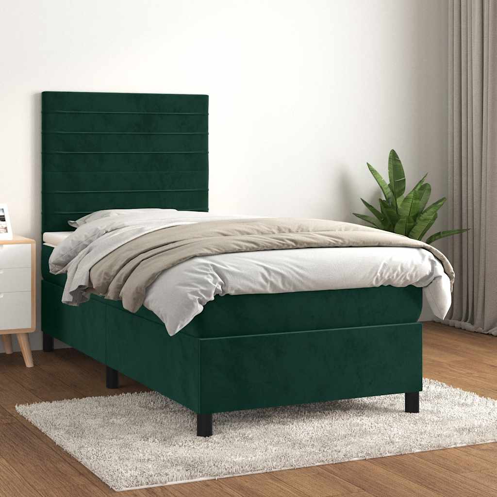 vidaXL Κρεβάτι Boxspring με Στρώμα Σκούρο Πράσινο 90x190 εκ. Βελούδινο