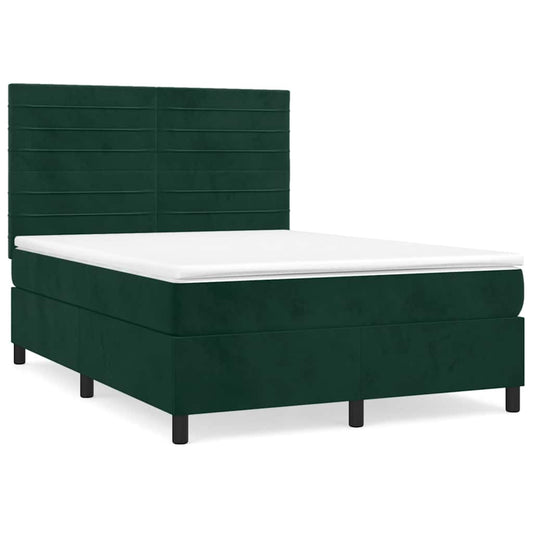 vidaXL Κρεβάτι Boxspring με Στρώμα Σκούρο Πράσινο 140x190εκ. Βελούδινο