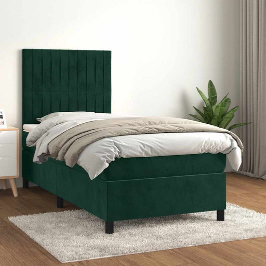 vidaXL Κρεβάτι Boxspring με Στρώμα Σκούρο Πράσινο 90x200 εκ. Βελούδινο