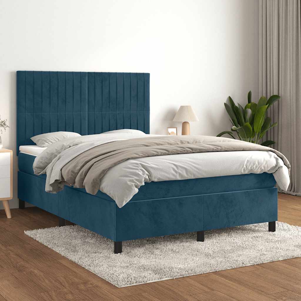 vidaXL Κρεβάτι Boxspring με Στρώμα Σκούρο Μπλε 140x200 εκ. Βελούδινο
