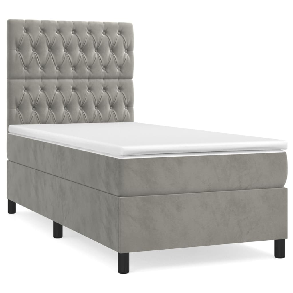 vidaXL Κρεβάτι Boxspring με Στρώμα Ανοιχτό Γκρι 90x200 εκ. Βελούδινο