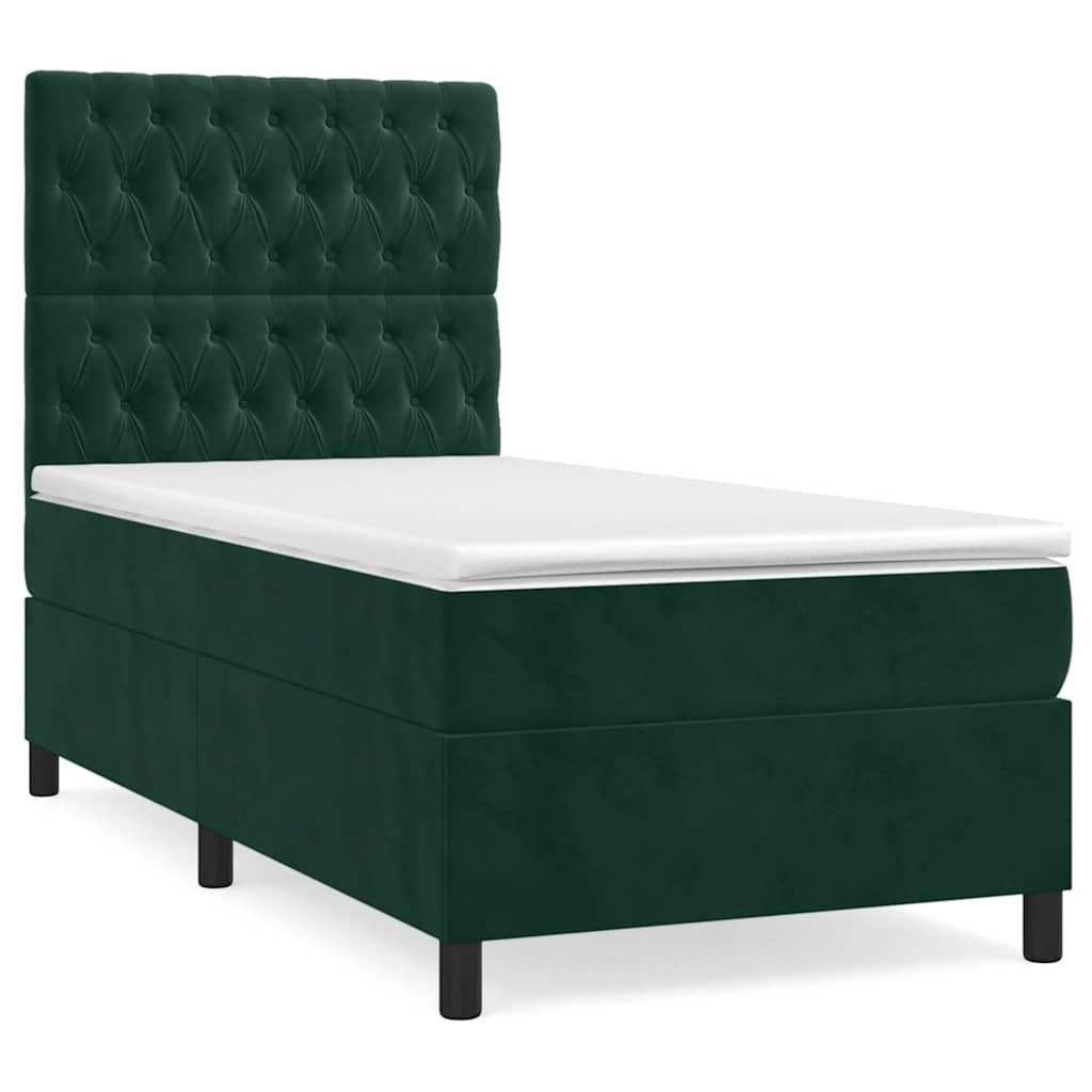 vidaXL Κρεβάτι Boxspring με Στρώμα Σκούρο Πράσινο 90x200 εκ. Βελούδινο