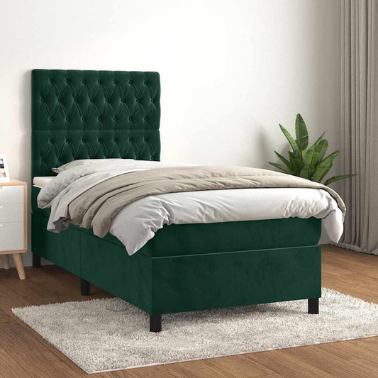 vidaXL Κρεβάτι Boxspring με Στρώμα Σκούρο Πράσινο 90x200 εκ. Βελούδινο