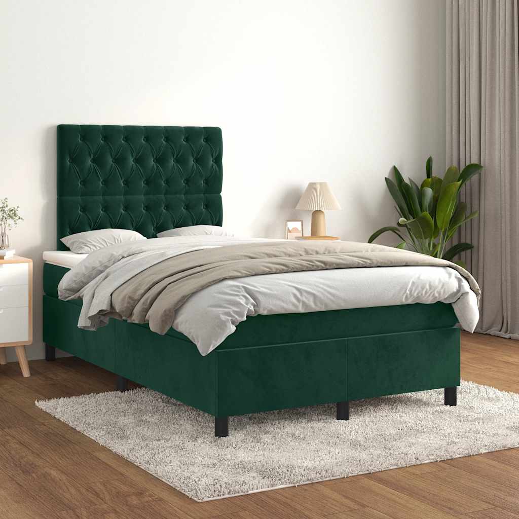 vidaXL Κρεβάτι Boxspring με Στρώμα Σκούρο Πράσινο 120x200εκ. Βελούδινο