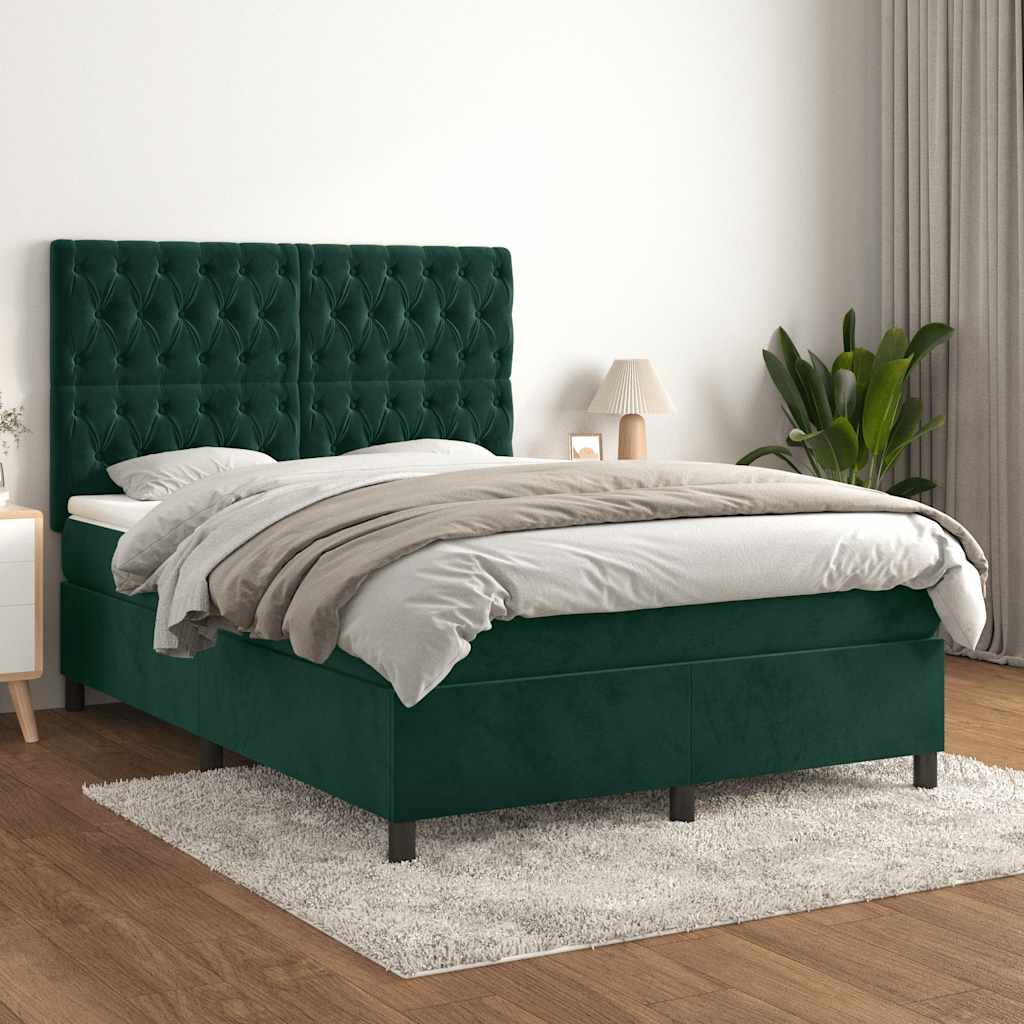 vidaXL Κρεβάτι Boxspring με Στρώμα Σκούρο Πράσινο 140x190εκ. Βελούδινο