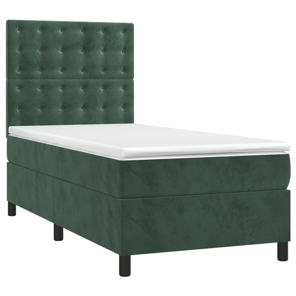 vidaXL Κρεβάτι Boxspring με Στρώμα Σκούρο Πράσινο 90x200 εκ. Βελούδινο