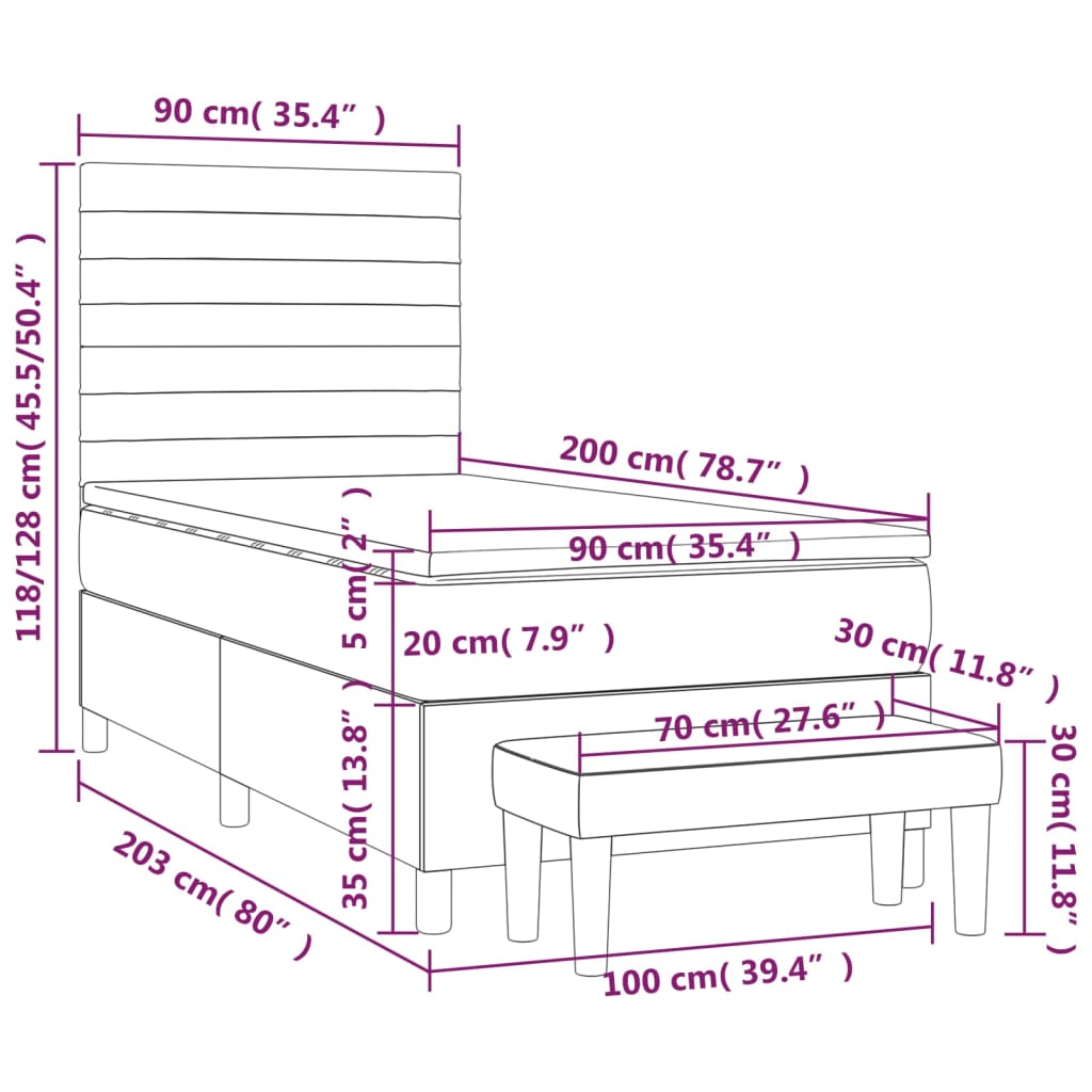 vidaXL Κρεβάτι Boxspring με Στρώμα Ανοιχτό Γκρι 90x200 εκ. Υφασμάτινο