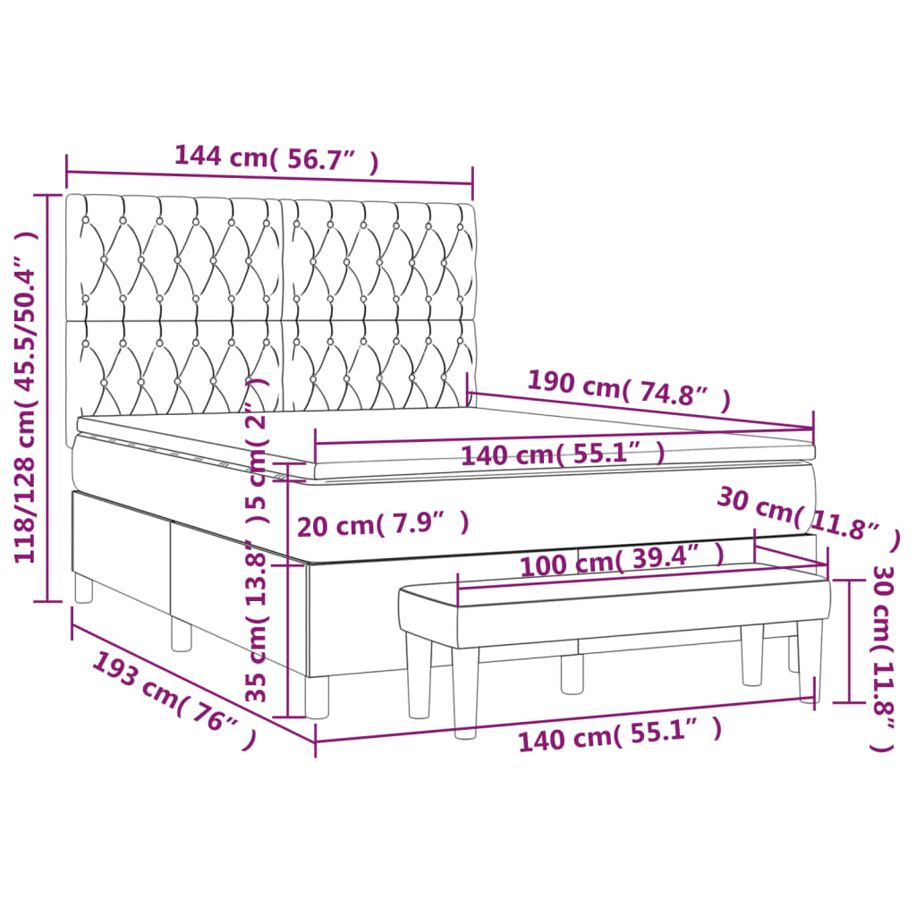 vidaXL Κρεβάτι Boxspring με Στρώμα Ανοιχτό Γκρι 140x190 εκ. Υφασμάτινο