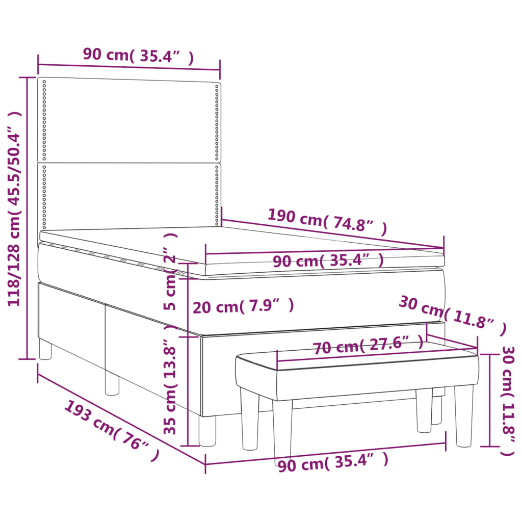 vidaXL Κρεβάτι Boxspring με Στρώμα Κρεμ 90x190 εκ.Υφασμάτινο