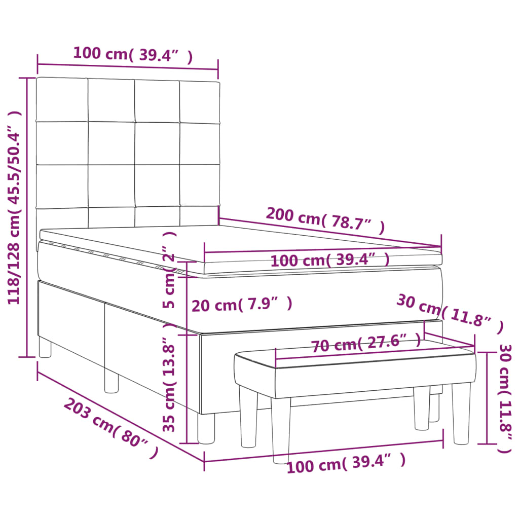 vidaXL Κρεβάτι Boxspring με Στρώμα Σκούρο Γκρι 100x200 εκ. Υφασμάτινο