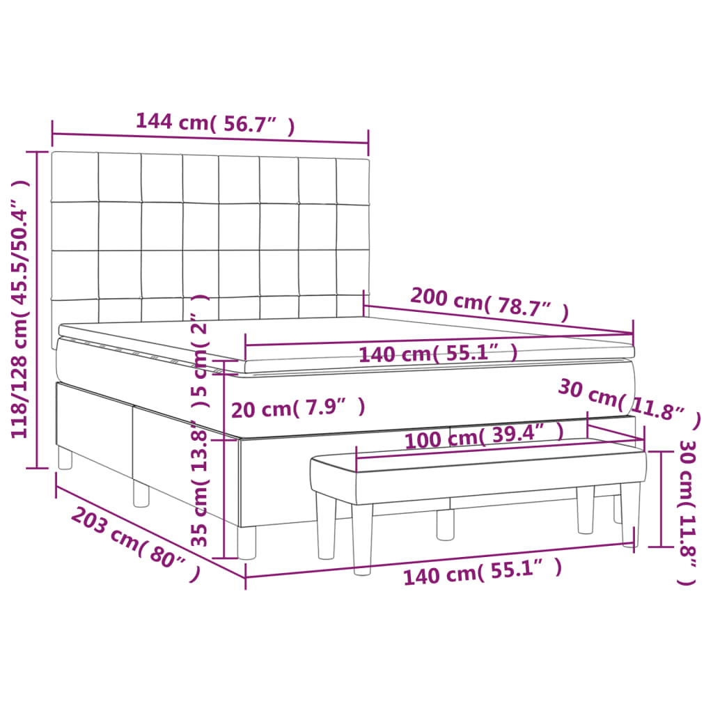 vidaXL Κρεβάτι Boxspring με Στρώμα Μαύρο 140x200 εκ. Υφασμάτινο