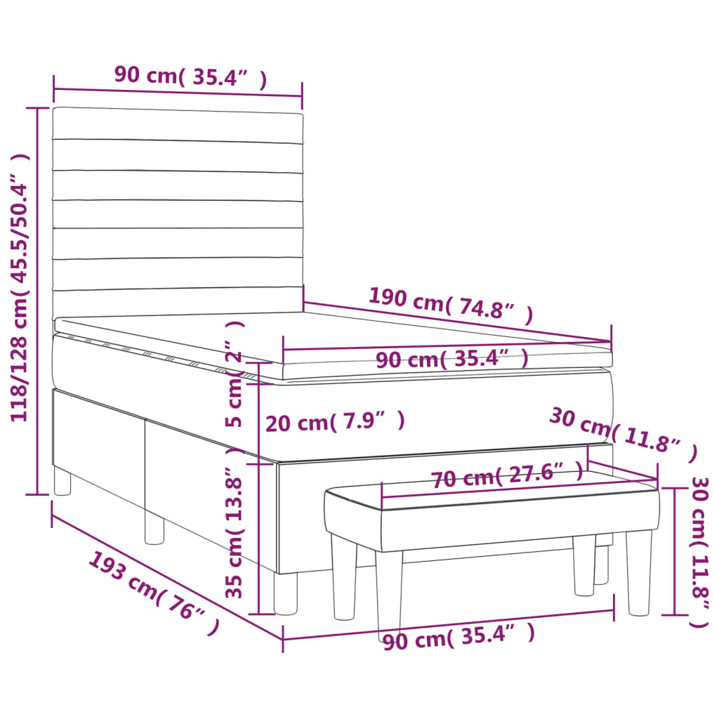 vidaXL Κρεβάτι Boxspring με Στρώμα Σκούρο Γκρι 90x190 εκ. Υφασμάτινο