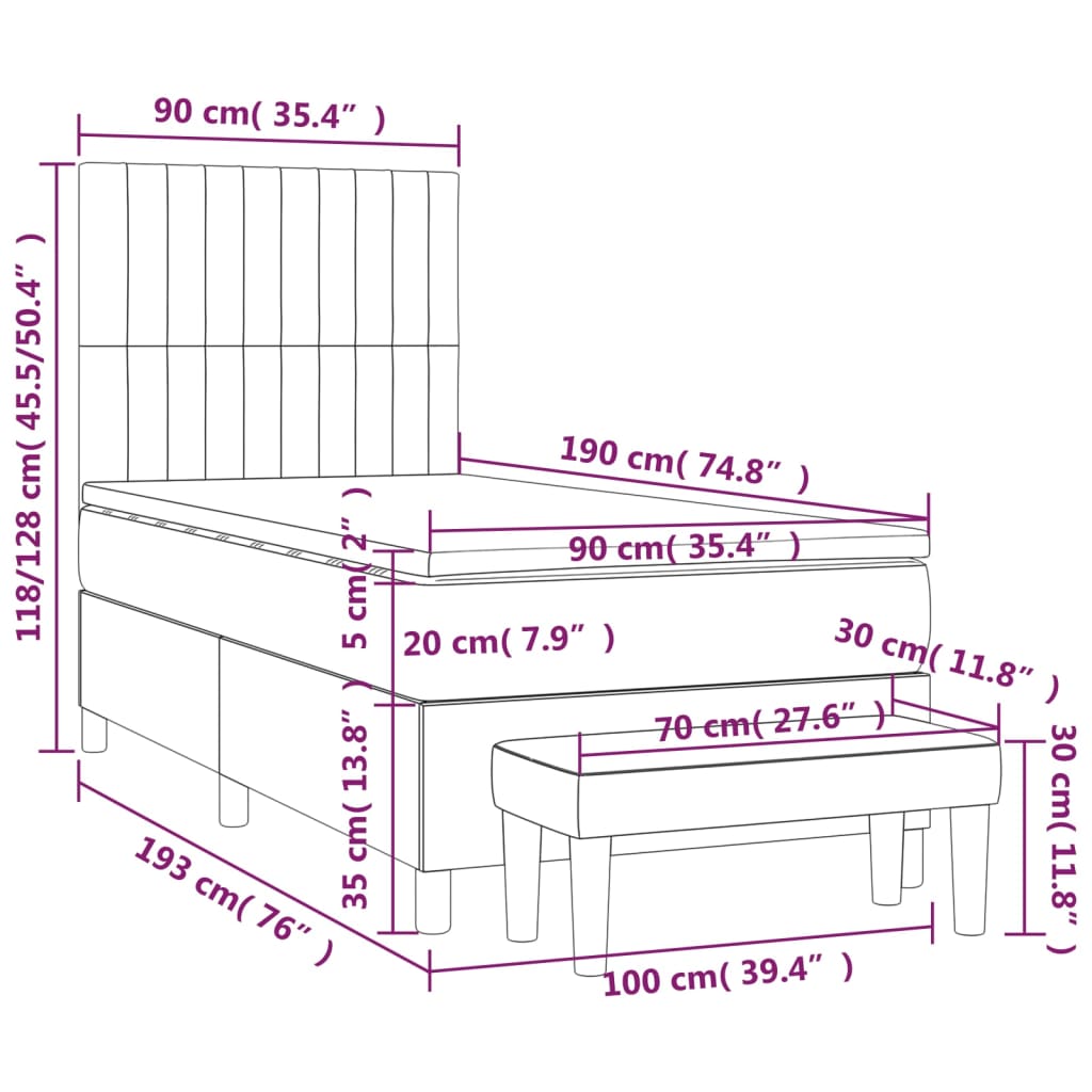 vidaXL Κρεβάτι Boxspring με Στρώμα Ανοιχτό Γκρι 90x190 εκ. Υφασμάτινο