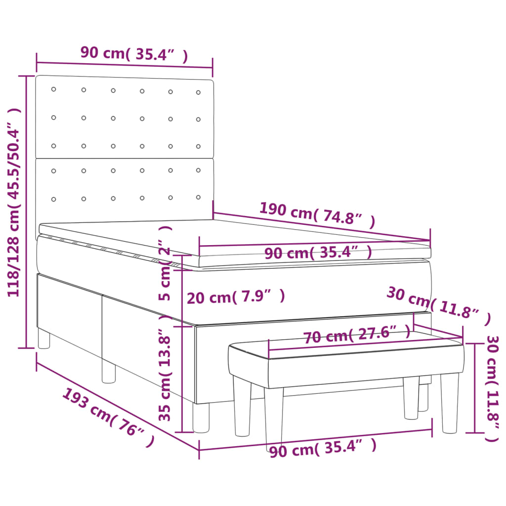 vidaXL Κρεβάτι Boxspring με Στρώμα Σκούρο Γκρι 90x190 εκ. Υφασμάτινο