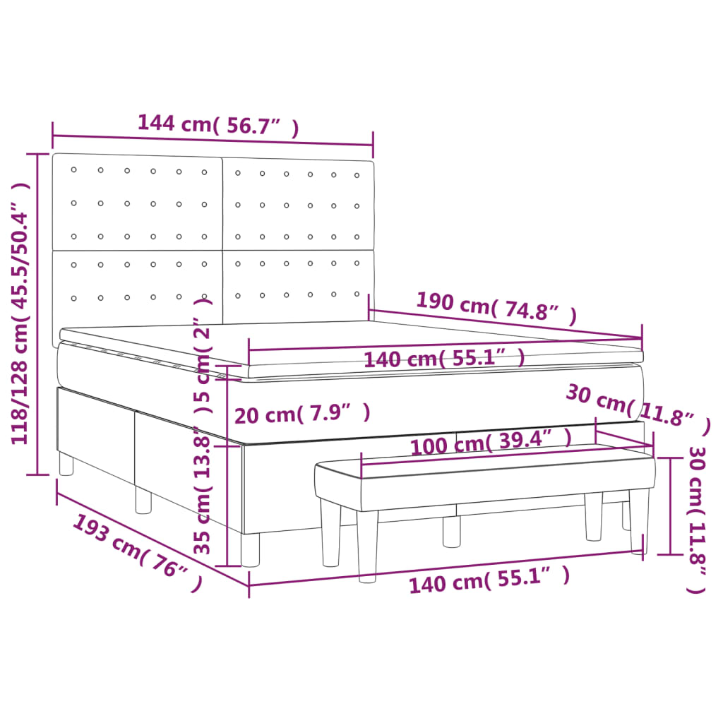 vidaXL Κρεβάτι Boxspring με Στρώμα Ανοιχτό Γκρι 140x190 εκ. Υφασμάτινο