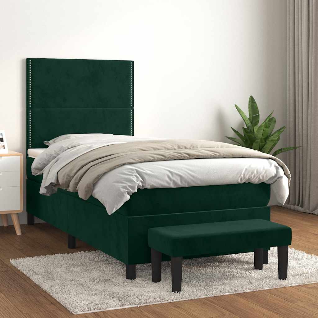 vidaXL Κρεβάτι Boxspring με Στρώμα Σκούρο Πράσινο 100x200εκ. Βελούδινο