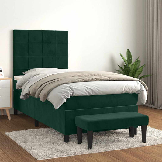 vidaXL Κρεβάτι Boxspring με Στρώμα Σκούρο Πράσινο 90x190 εκ. Βελούδινο