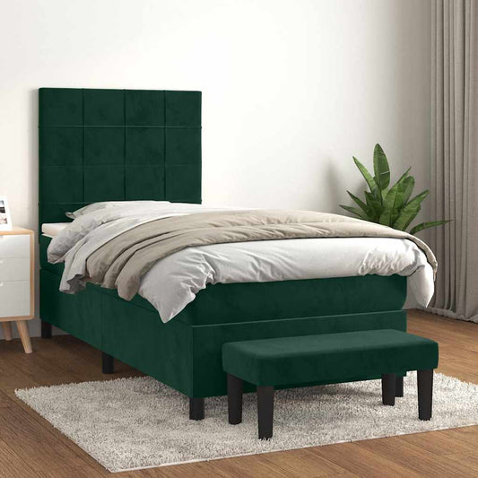 vidaXL Κρεβάτι Boxspring με Στρώμα Σκούρο Πράσινο 90x200 εκ. Βελούδινο