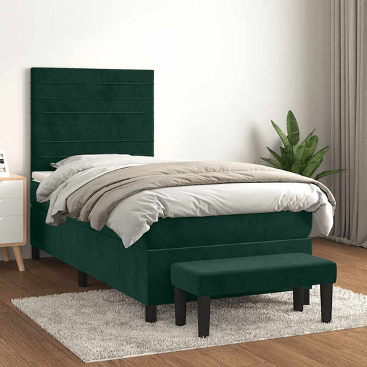 vidaXL Κρεβάτι Boxspring με Στρώμα Σκούρο Πράσινο 90x200 εκ. Βελούδινο