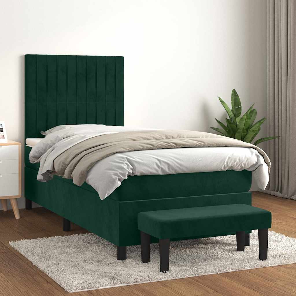 vidaXL Κρεβάτι Boxspring με Στρώμα Σκούρο Πράσινο 90x190 εκ. Βελούδινο
