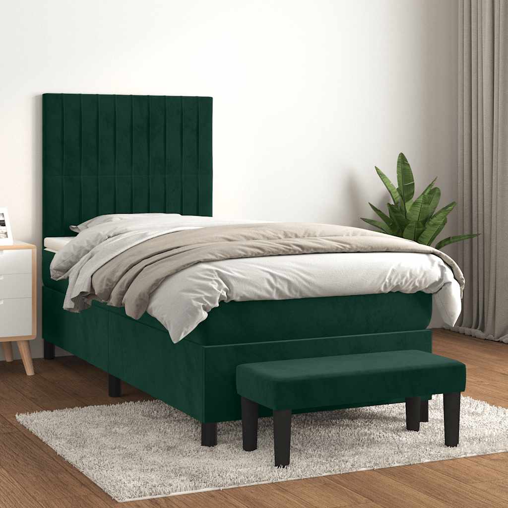 vidaXL Κρεβάτι Boxspring με Στρώμα Σκούρο Πράσινο 90x200 εκ. Βελούδινο