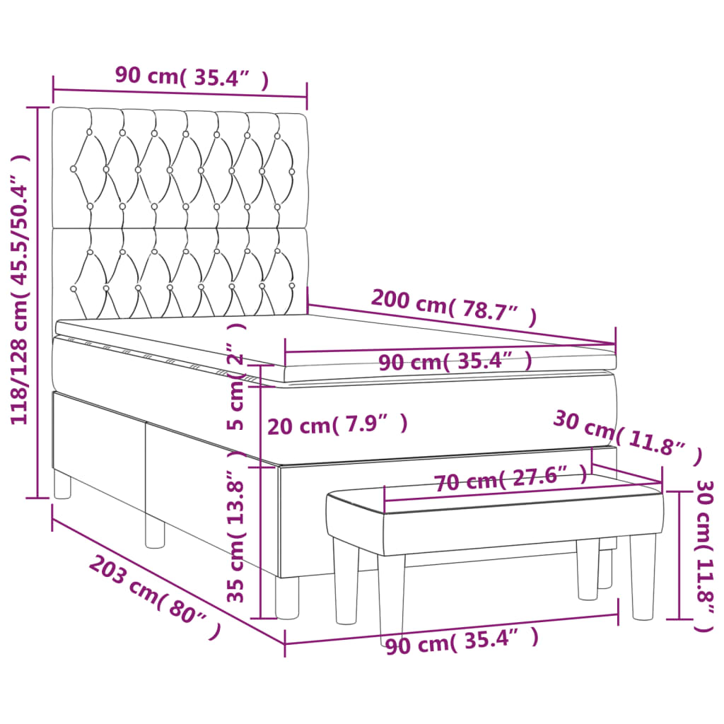 vidaXL Κρεβάτι Boxspring με Στρώμα Σκούρο Μπλε 90x200 εκ. Βελούδινο