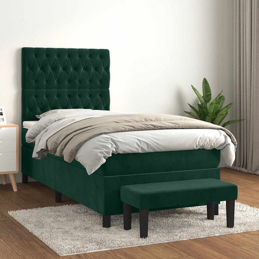 vidaXL Κρεβάτι Boxspring με Στρώμα Σκούρο Πράσινο 100x200εκ. Βελούδινο