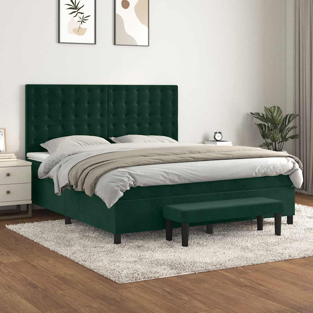 vidaXL Κρεβάτι Boxspring με Στρώμα Σκούρο Πράσινο 180x200εκ. Βελούδινο